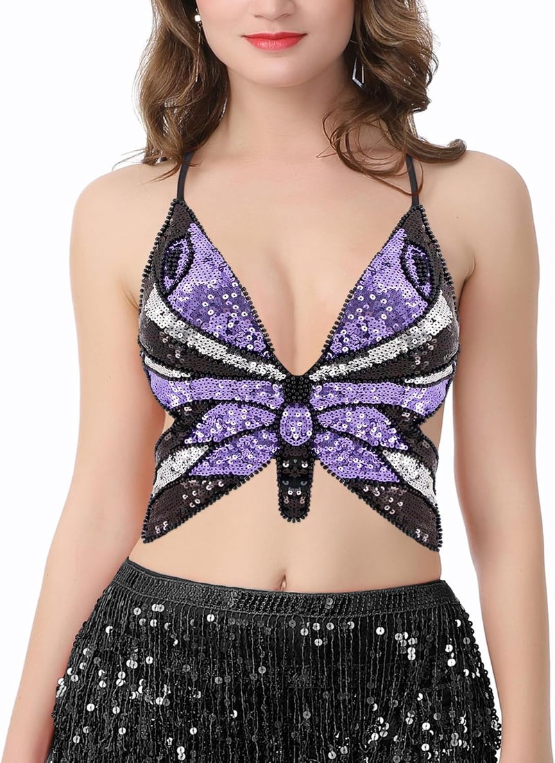 Mocure Womens Glitter Sequin Butterfly Crop Top Low-Cut Tank Top Rave Tube Vest Top for Belly Dance Costume Outfits - Image 2